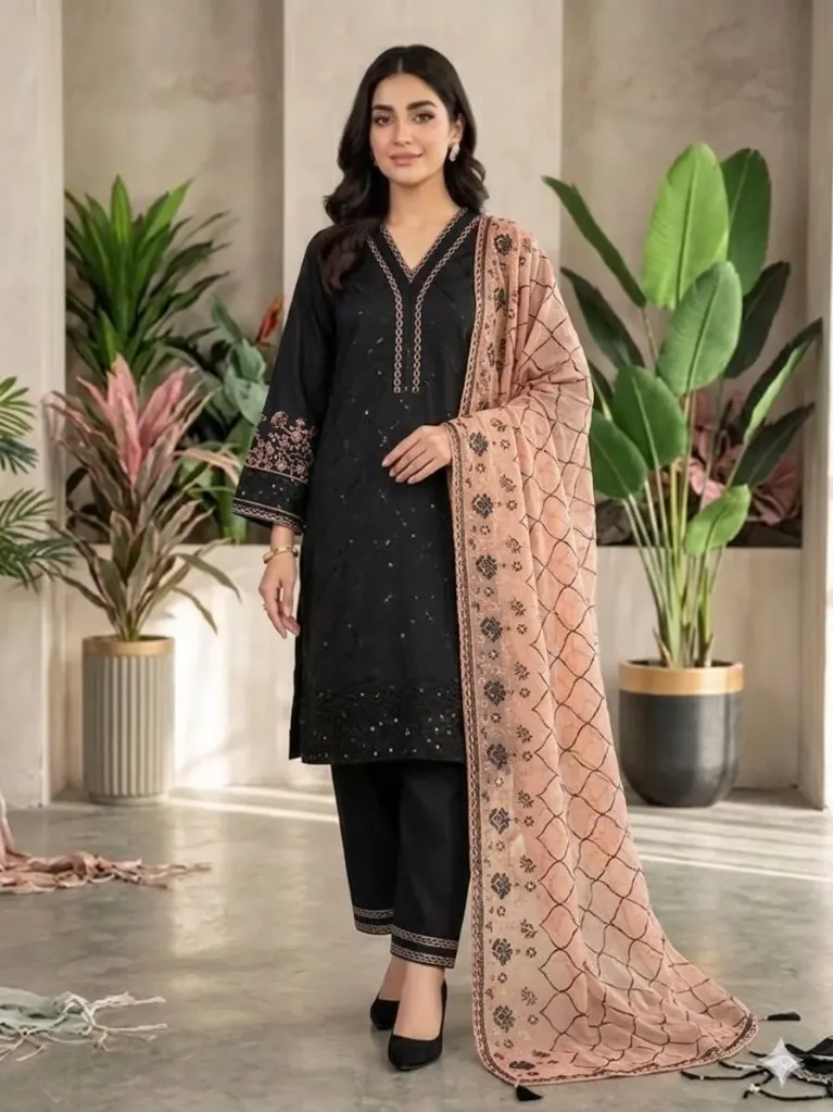 Premium Roman Silk Sequence Embroidered Tunic, Matching Palazzo, and Lining Organza Dupatta 3-Piece Wedding Suit Set (M, Peach)