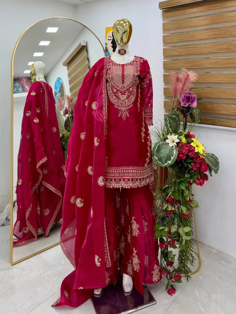 Premium Jimmy Choo Fabric Sequence Embroidered Round-Neck Tunic, High-Flair Palazzo, and Coordinated Dupatta 3-Piece Suit Set