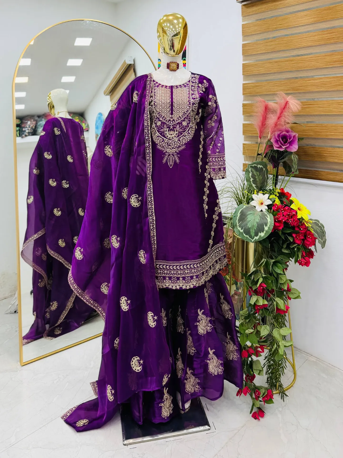Premium Jimmy Choo Fabric Sequence Embroidered Round-Neck Tunic, High-Flair Palazzo, and Coordinated Dupatta 3-Piece Suit Set