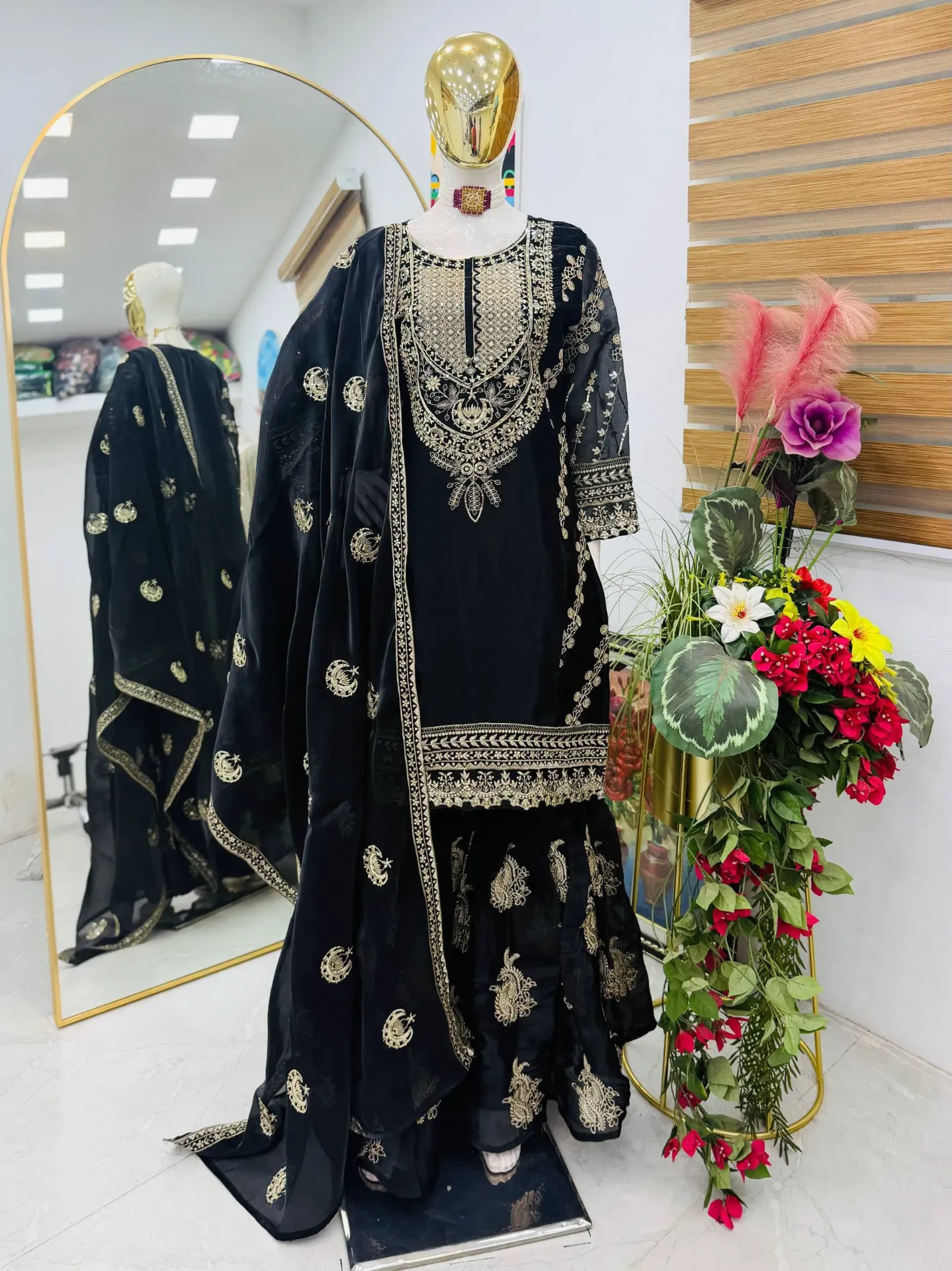 Premium Jimmy Choo Fabric Sequence Embroidered Round-Neck Tunic, High-Flair Palazzo, and Coordinated Dupatta 3-Piece Suit Set