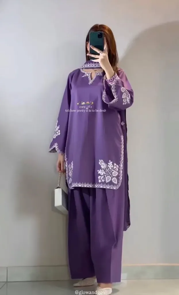 Designer Roman Cotton Embroidered Tunic, Fully Stitched Farshi Shalwar, and Tabby Organza Embroidered Dupatta 3-Piece Party Wear Set