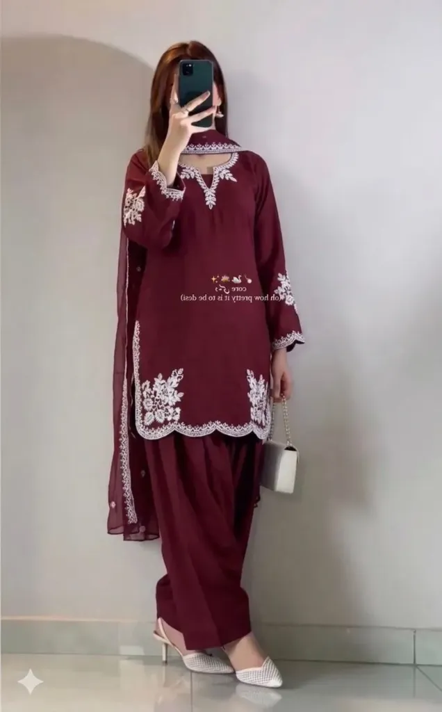 Designer Roman Cotton Embroidered Tunic, Fully Stitched Farshi Shalwar, and Tabby Organza Embroidered Dupatta 3-Piece Party Wear Set (M, Maroon)