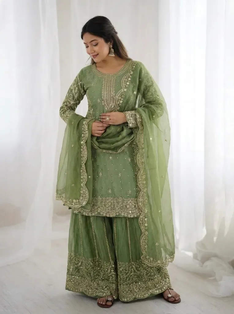 Premium Fendy Silk Embroidered Coding and Sequence Work Kurti, Palazzo, and Lace Border Dupatta 3-Piece Suit Set