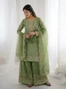 Premium Fendy Silk Embroidered Coding and Sequence Work Kurti, Palazzo, and Lace Border Dupatta 3-Piece Suit Set