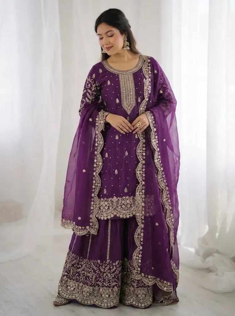 Premium Fendy Silk Embroidered Coding and Sequence Work Kurti, Palazzo, and Lace Border Dupatta 3-Piece Suit Set