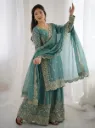 Premium Fendy Silk Embroidered Coding and Sequence Work Kurti, Palazzo, and Lace Border Dupatta 3-Piece Suit Set