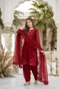 Heavy Roman Glass Embroidered Sequence Kurti with Fancy Cut Work, Plain Palazzo, and Coordinated Faux Georgette Dupatta 3-Piece Suit Set