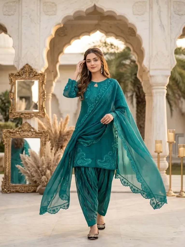 Heavy Roman Glass Embroidered Sequence Kurti with Fancy Cut Work, Plain Palazzo, and Coordinated Faux Georgette Dupatta 3-Piece Suit Set (M, Peacock)