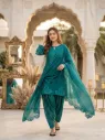 Heavy Roman Glass Embroidered Sequence Kurti with Fancy Cut Work, Plain Palazzo, and Coordinated Faux Georgette Dupatta 3-Piece Suit Set