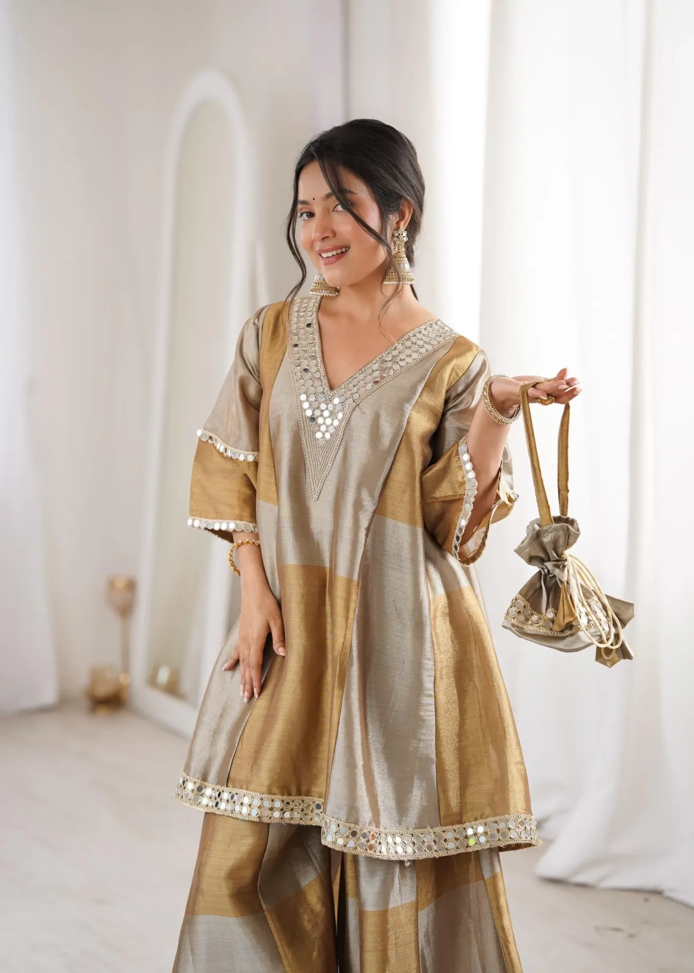 Premium Two-Tone Tissue Short Kurti with Bell Sleeves, Matching Trousers, and Embroidered Mirror Work Batwa 3-Piece Luxury Festive Set