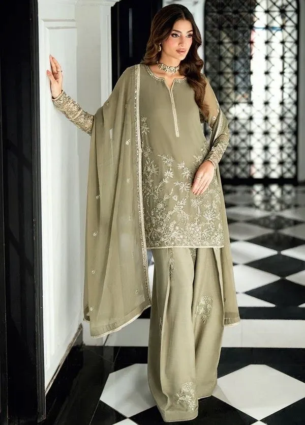 Premium Faux Georgette Thread and Sequins Embroidered Kurti, Flared Palazzo, and Matching 2.2-Meter Dupatta 3-Piece Festive Set (M)