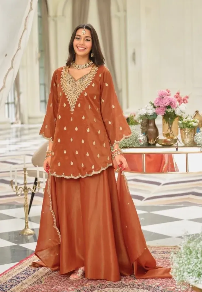 Premium Heavy Natural Silk Heavily Embroidered Sequence Kurti with Fancy Cutwork, Matching Sharara, and Embroidered Cutwork Dupatta 3-Piece Festive Luxury Suit Set
