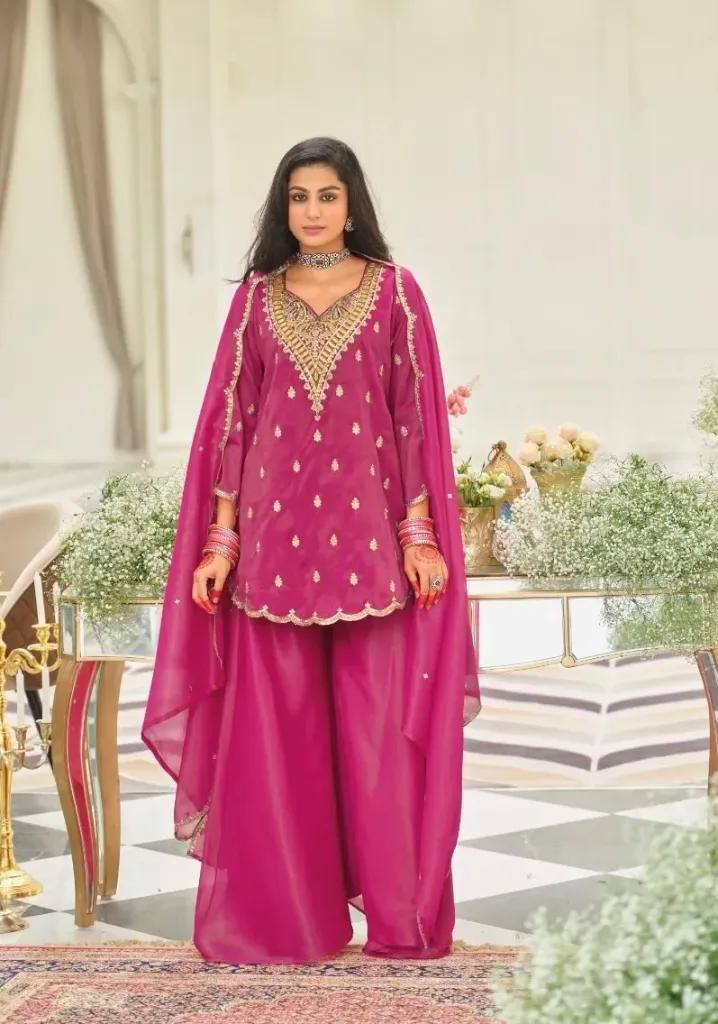 Premium Heavy Natural Silk Heavily Embroidered Sequence Kurti with Fancy Cutwork, Matching Sharara, and Embroidered Cutwork Dupatta 3-Piece Festive Luxury Suit Set (M, Pink)