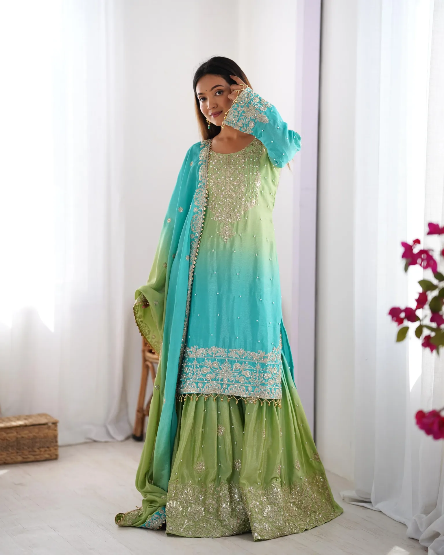 Premium Chinon Silk Front & Back Coding Dori and Sequins Embroidered Kurti, Matching Palazzo, and 2.2-Meter Dupatta 3-Piece Festive Luxury Set with Rivet Moti Accent (M)