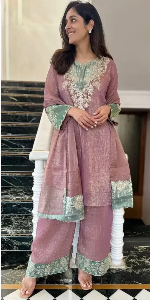 Premium Heavy Pure Crunchy Silk Top with Heavy Embroidery Cutwork, Matching Pant Palazzo, and Coordinated Cutwork Dupatta 3-Piece Party Wear Set (M)