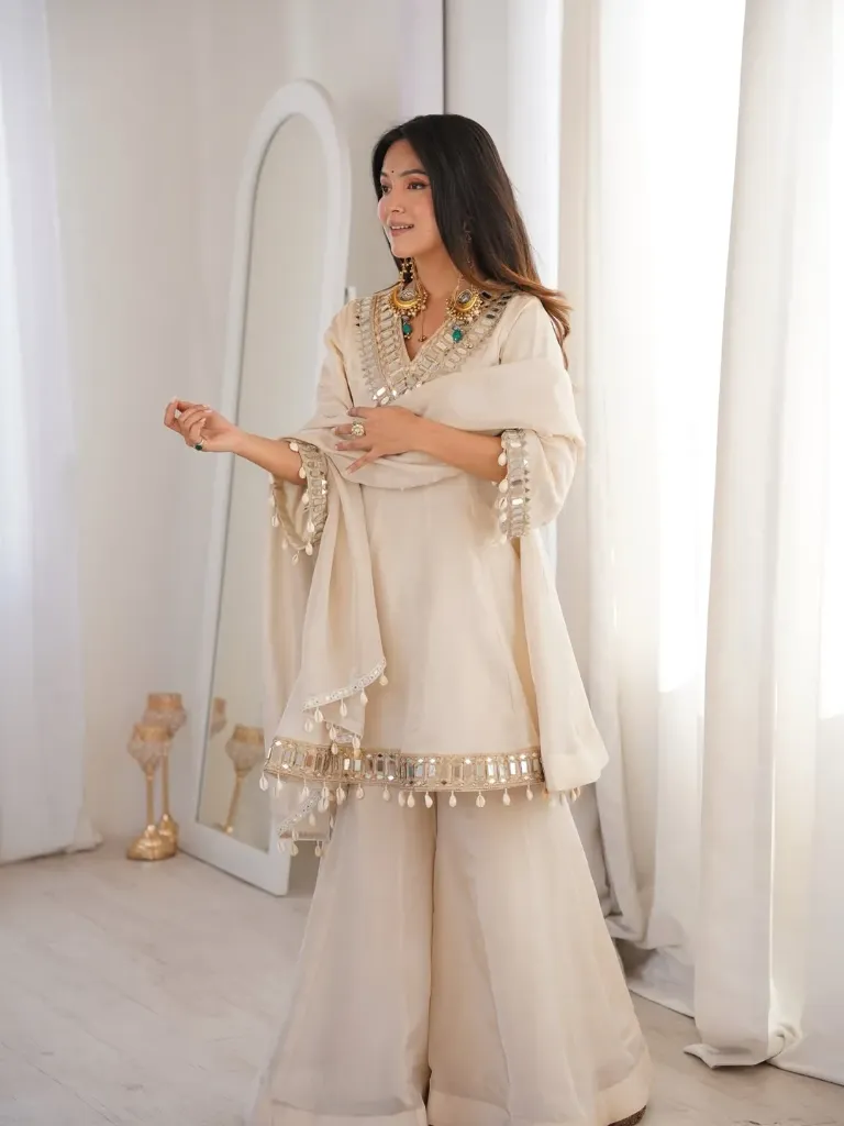 Premium Chinon Silk Long Kali Kurti with Real Mirror & Coding Work, Matching Flaired Palazzo, and Paper Mirror Kodi Lace Dupatta 3-Piece Festive Set (S)