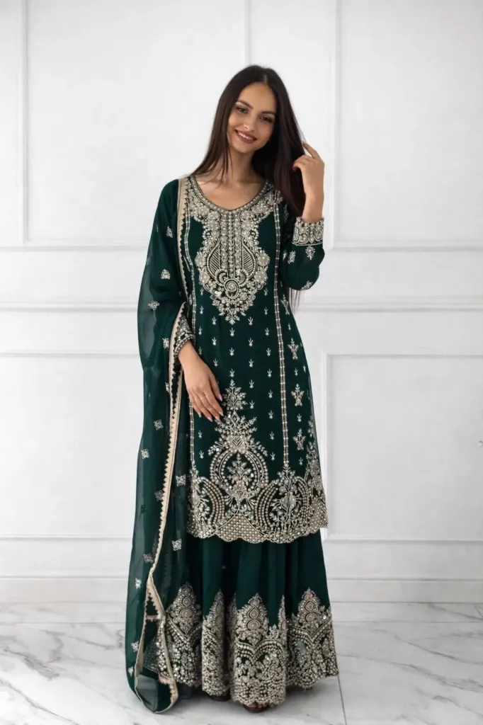 Premium Heavy Pure Chinon Silk Embroidered Sequence Kurti with Revartar Moti, Matching Flared Sharara, and Four-Side Lace Dupatta 3-Piece Festive Luxury Set