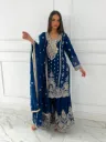 Premium Heavy Pure Chinon Silk Embroidered Sequence Kurti with Revartar Moti, Matching Flared Sharara, and Four-Side Lace Dupatta 3-Piece Festive Luxury Set