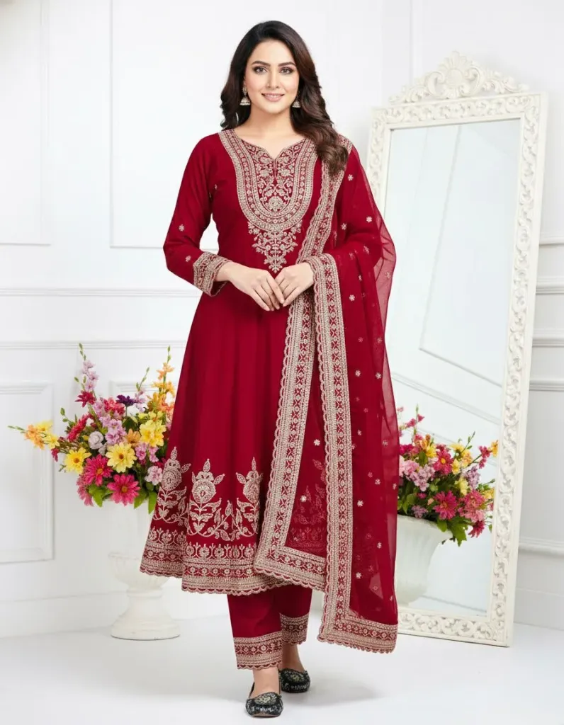 Premium Heavy Faux Georgette Coding Sequins Embroidered Tunic, French Crepe Palazzo Trousers, and Matching Full Embroidered Dupatta 3-Piece Festive Set (M, Red)