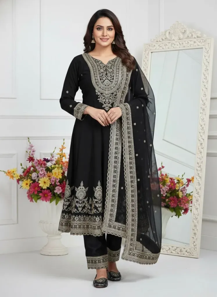 Premium Heavy Faux Georgette Coding Sequins Embroidered Tunic, French Crepe Palazzo Trousers, and Matching Full Embroidered Dupatta 3-Piece Festive Set