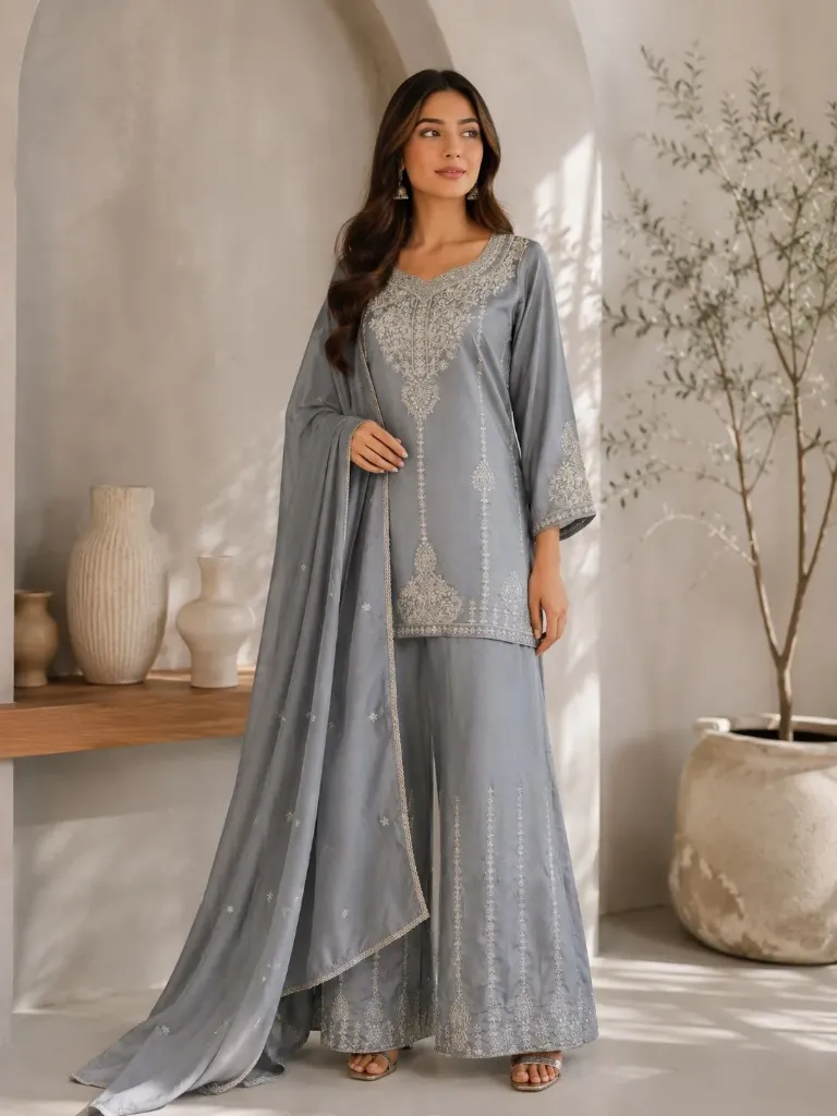 Premium Vichitra Silk Embroidered Short Tunic, Matching Flared Palazzo, and Embroidered Lace Dupatta 3-Piece Festive Set (M, Blue)