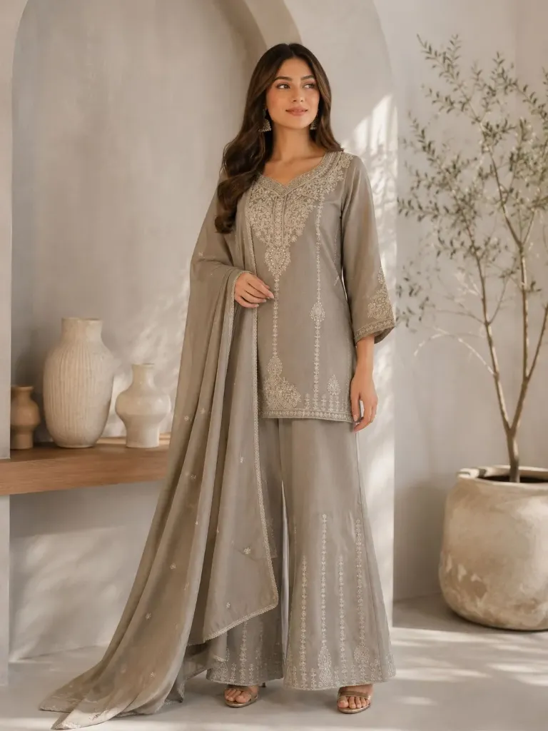 Premium Vichitra Silk Embroidered Short Tunic, Matching Flared Palazzo, and Embroidered Lace Dupatta 3-Piece Festive Set