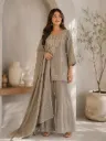 Premium Vichitra Silk Embroidered Short Tunic, Matching Flared Palazzo, and Embroidered Lace Dupatta 3-Piece Festive Set