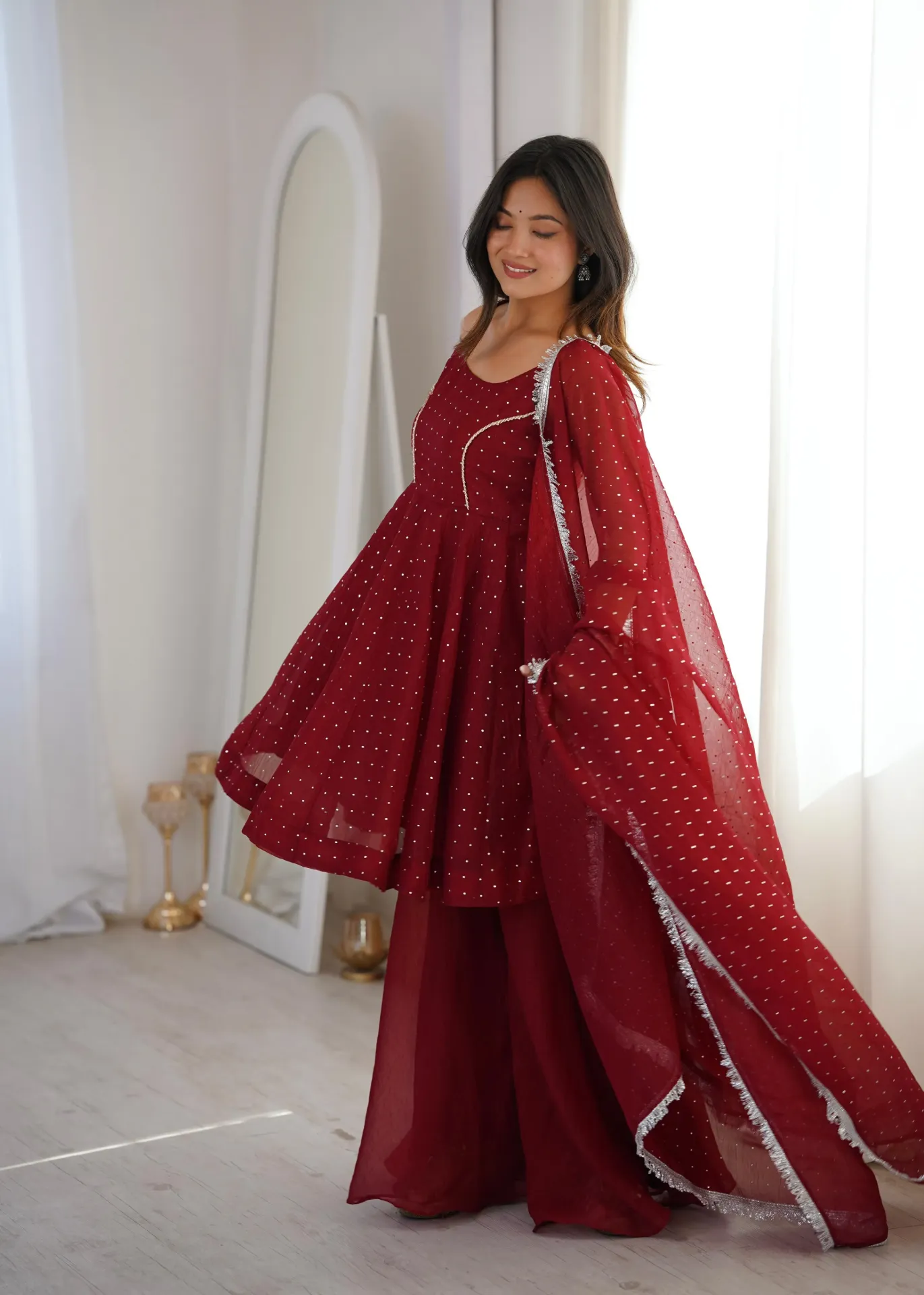 Premium Crunchy Silk Short Kurti with Zarkhand Work, Full Flair Sharara Palazzo, and Matching Lace Border Dupatta 3-Piece Festive Luxury Suit Set (S, Red)