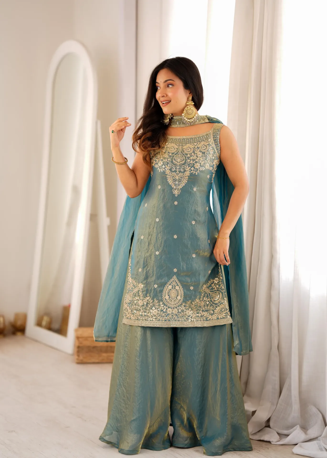 Premium Pure Soft Fendy Silk Embroidered Sequence, Dori, and Jari Work Tunic, 3-Meter Grand Flare Sharara, and Coordinated Belt-Style Dupatta 3-Piece Festive Set