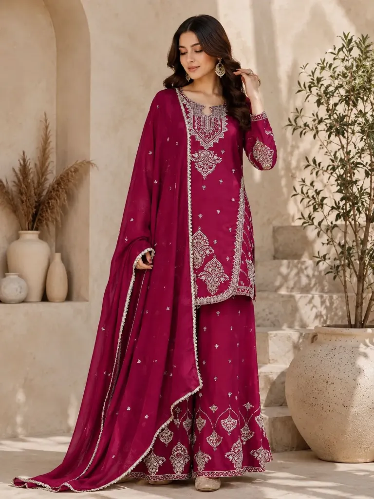 Premium Rangoli Crush Silk Heavily Embroidered Sequence Short Tunic, Matching 42-Inch Palazzo, and Lace Work Dupatta 3-Piece Festive Luxury Set (M, Majenta)