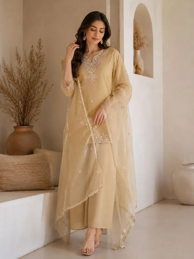 Premium Cosmos Fabric Sequence Embroidered Tunic, Matching Free-Size Palazzo, and Beautiful Lace Work Organza Dupatta 3-Piece Festive Set (M)