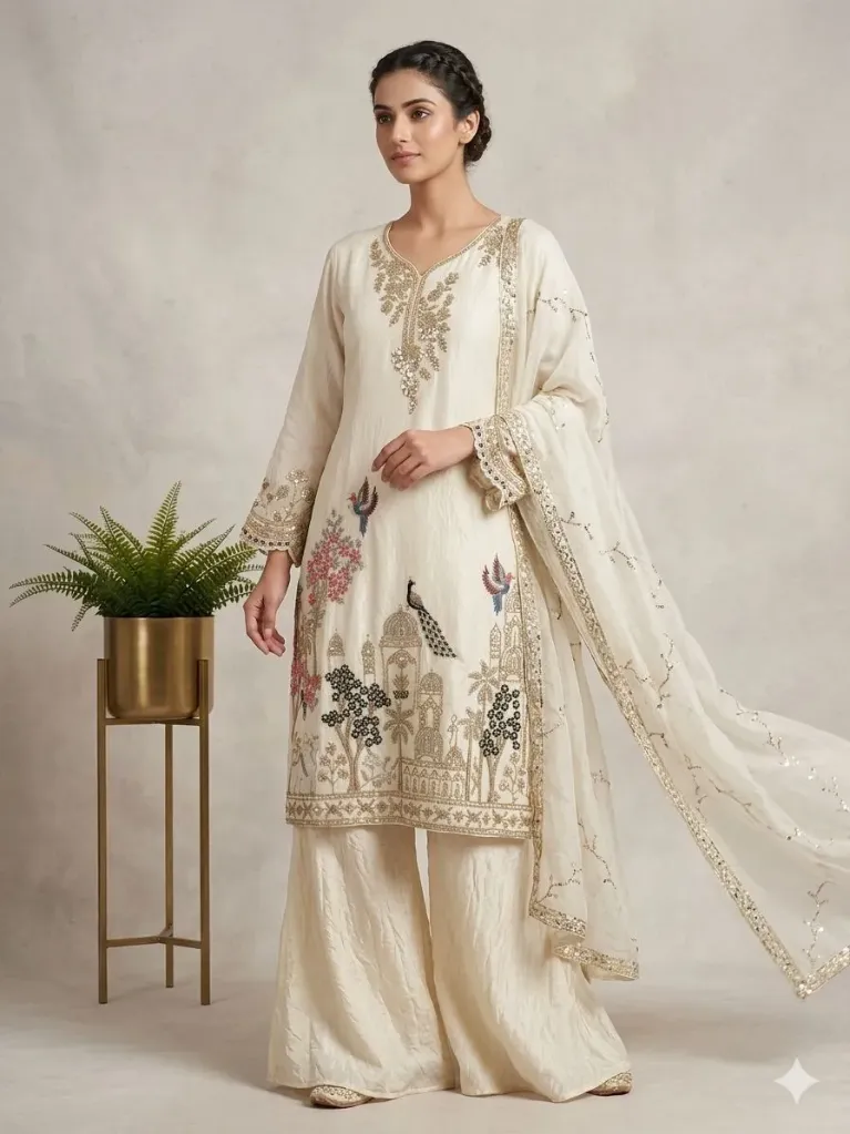 Premium Fendy Fabric Heavily Embroidered Beads and Sequins Kurti, Matching Free-Size Palazzo, and Sequins Border Dupatta 3-Piece Wedding Luxury Suit Set (M)