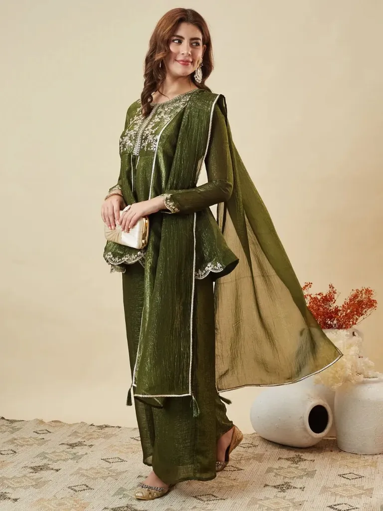 Premium Crunchy Silk Embroidered Short Kurta with Full Sleeves, Matching Straight Pants, and Coordinated Dupatta 3-Piece Festive Luxury Set