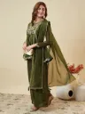 Premium Crunchy Silk Embroidered Short Kurta with Full Sleeves, Matching Straight Pants, and Coordinated Dupatta 3-Piece Festive Luxury Set