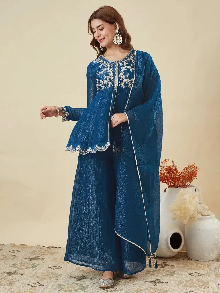 Premium Crunchy Silk Embroidered Short Kurta with Full Sleeves, Matching Straight Pants, and Coordinated Dupatta 3-Piece Festive Luxury Set (S, Blue)