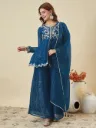 Premium Crunchy Silk Embroidered Short Kurta with Full Sleeves, Matching Straight Pants, and Coordinated Dupatta 3-Piece Festive Luxury Set