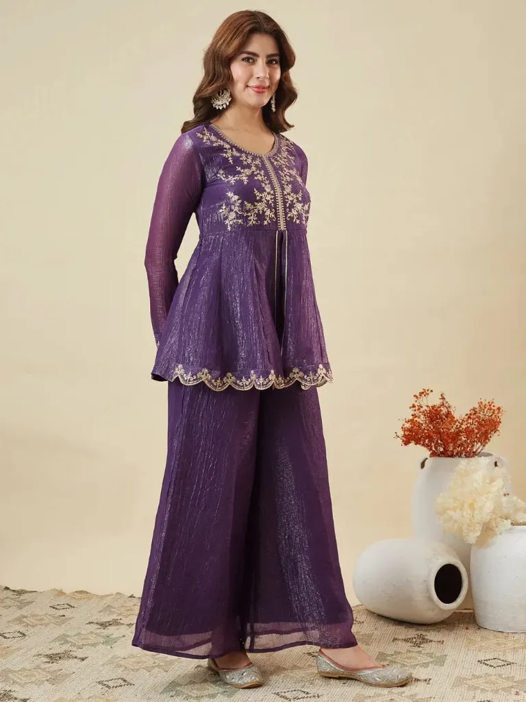 Premium Crunchy Silk Embroidered Short Kurta with Full Sleeves, Matching Straight Pants, and Coordinated Dupatta 3-Piece Festive Luxury Set