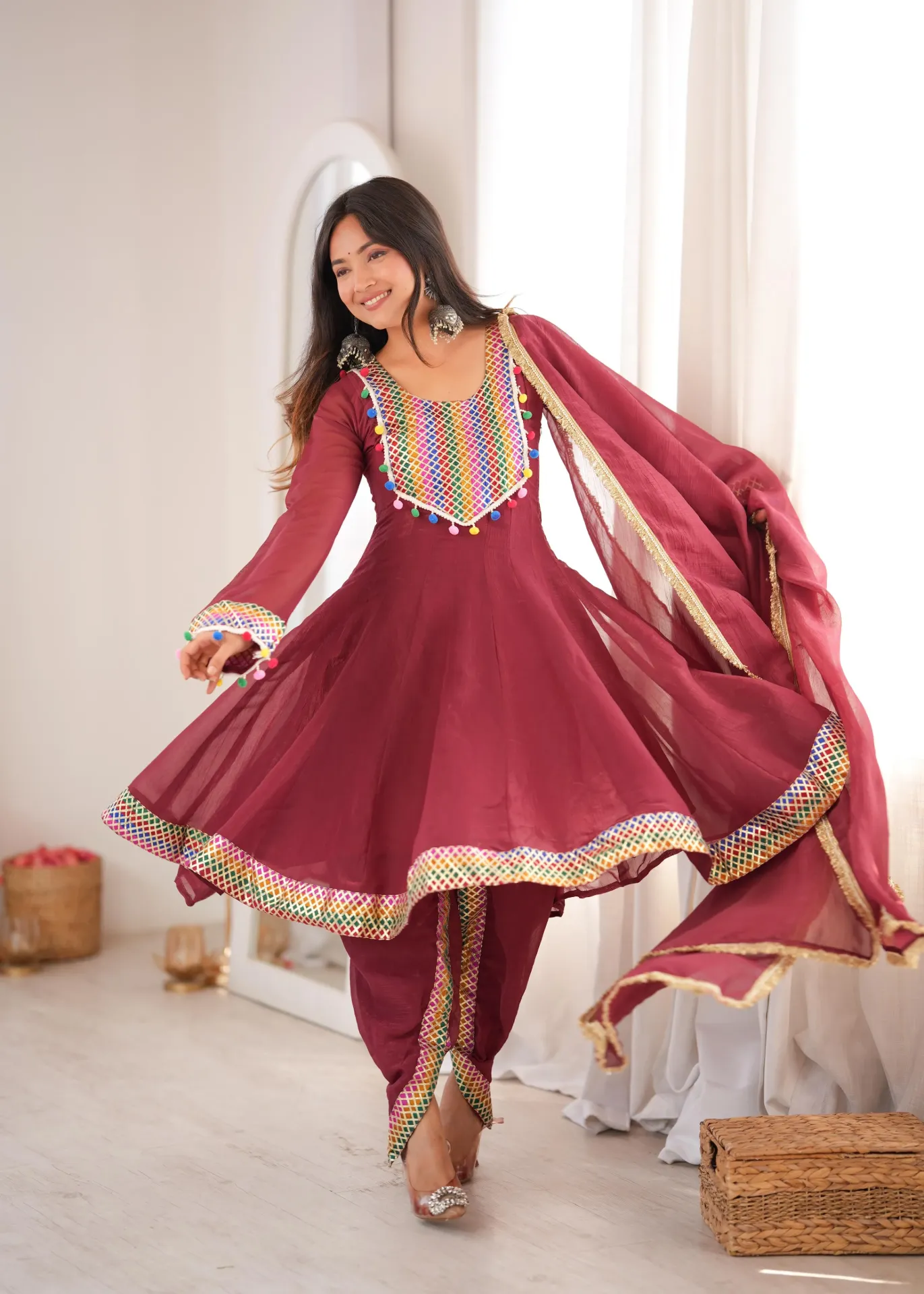 Premium Crunchy Fabric Flared Top with Pom-Pom Lace, Matching Tulip Dhoti, and Golden Lace Dupatta 3-Piece Suit Set