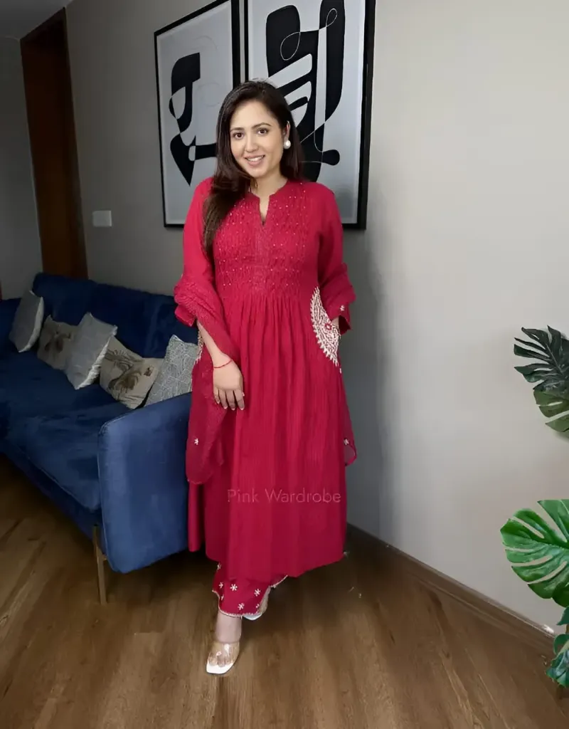 Red Velly Premium Pure Cotton 60 60 Handwork Neck Print Kurta, Matching Pants, Cotton Dupatta, and Complimentary Bracelet 4-Piece Suit Set (M)