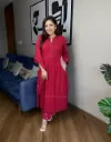 Red Velly Premium Pure Cotton 60 60 Handwork Neck Print Kurta, Matching Pants, Cotton Dupatta, and Complimentary Bracelet 4-Piece Suit Set