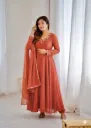 Premium Fox Georgette Gown with Handwork Neck & Sleeves, American Crepe Pants, and Gota Patti Lampi Lace Dupatta 3-Piece Luxury Festive Set