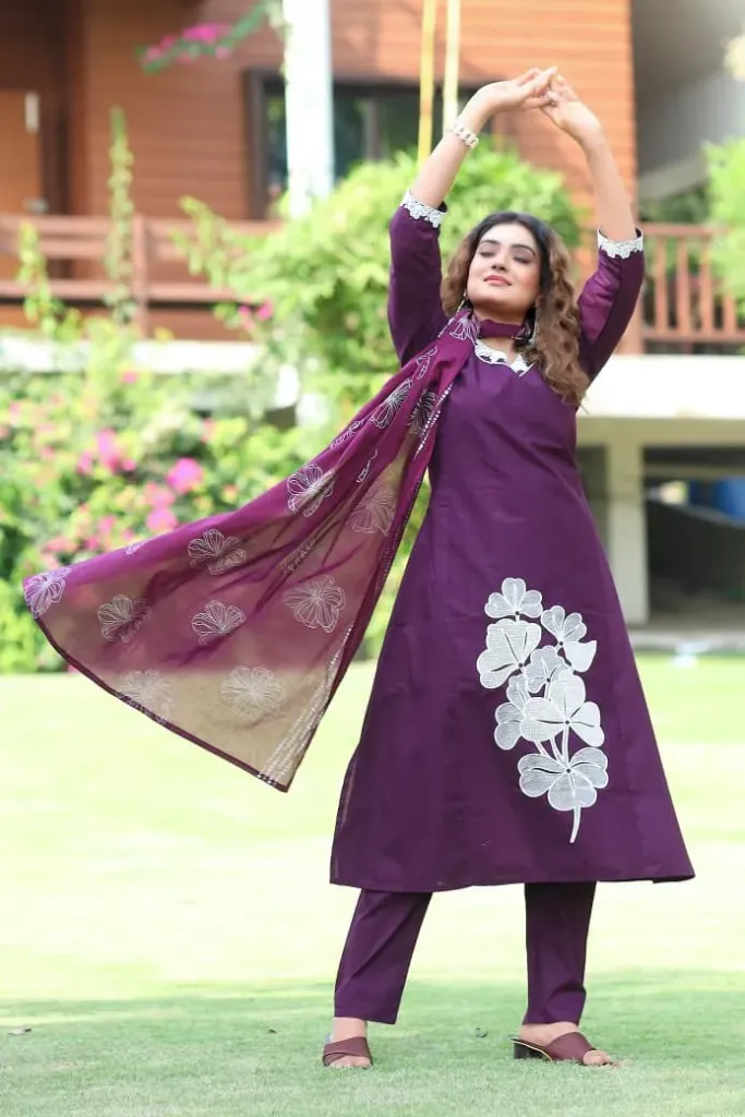 Premium Pure Cotton Embroidered A-Line Kurti, Tailored Pants, and Hand Block Printed Mul Cotton Dupatta 3-Piece Festive Set (M)