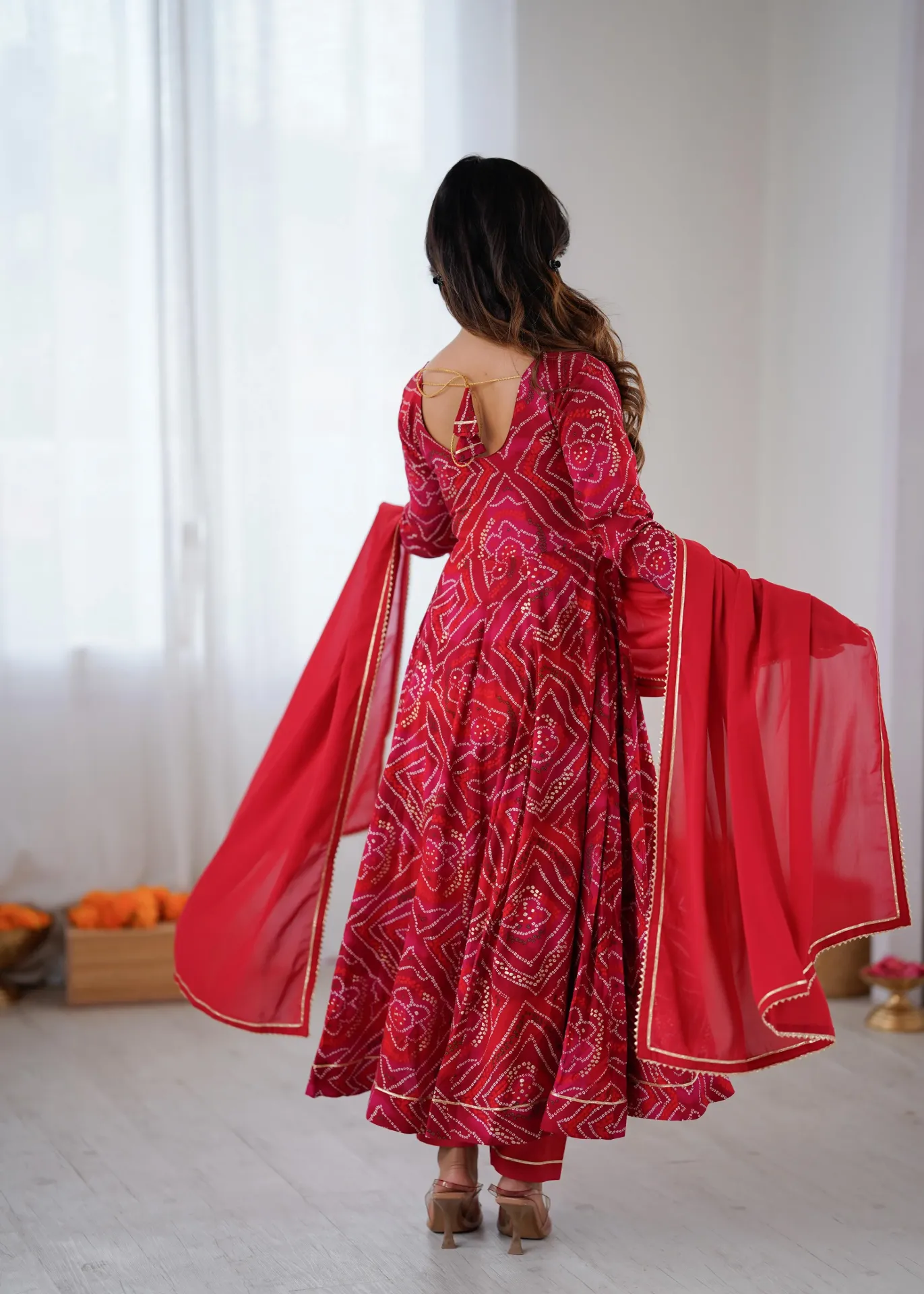 Premium Heavy Viscose Rayon Bandhej Print Anarkali, Butter Crepe Pants, and Fox Georgette Dupatta 3-Piece Festive Set (S)
