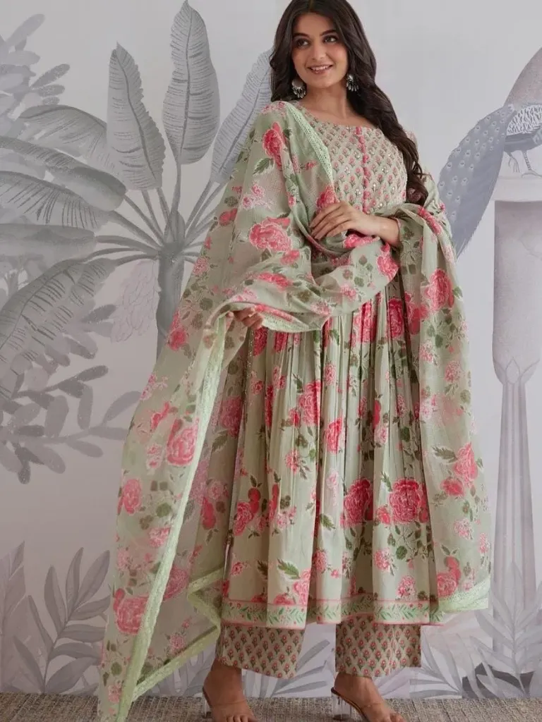Premium Pure Taj Jaipuri Cotton 60-60 Handwork Anarkali Kurti, Tailored Trousers, and Lightweight Floral Dupatta 3-Piece Luxury Summer Suit Set