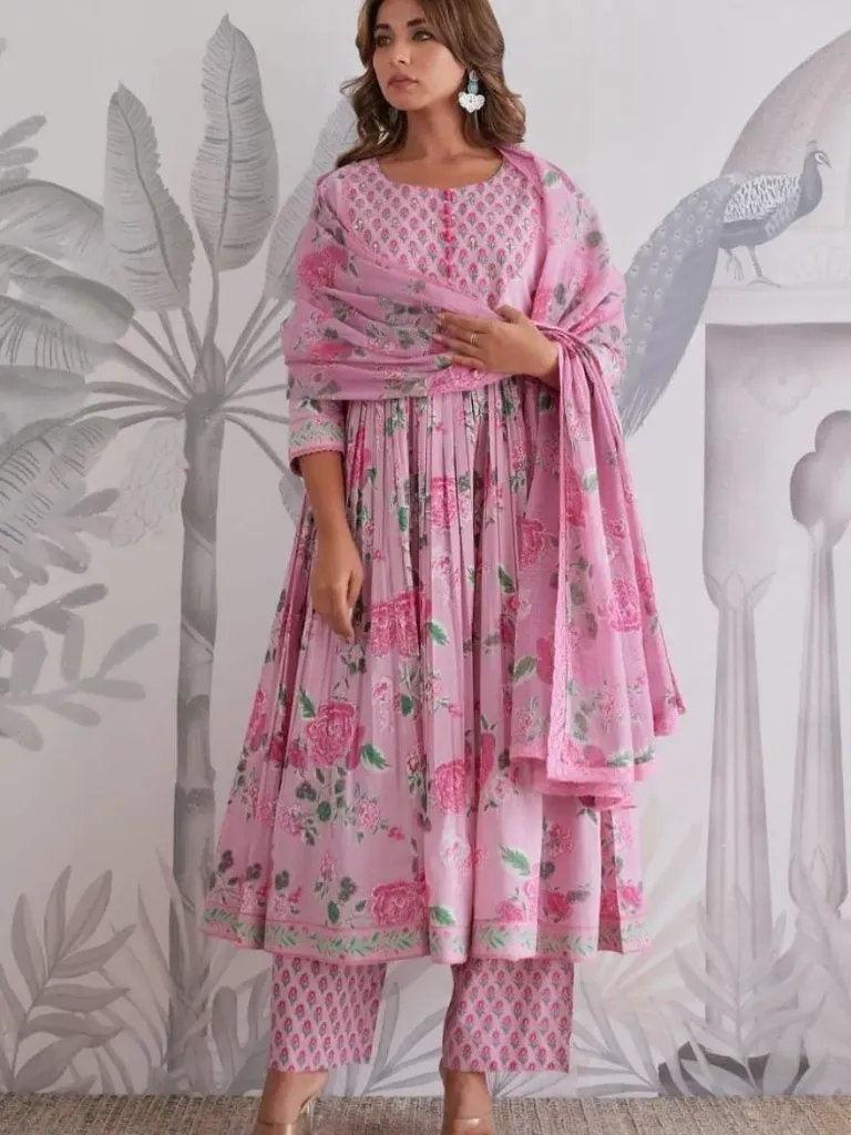 Premium Pure Taj Jaipuri Cotton 6060 Handwork Anarkali Kurti, Tailored Trousers, and Lightweight Floral Dupatta 3-Piece Luxury Summer Suit Set