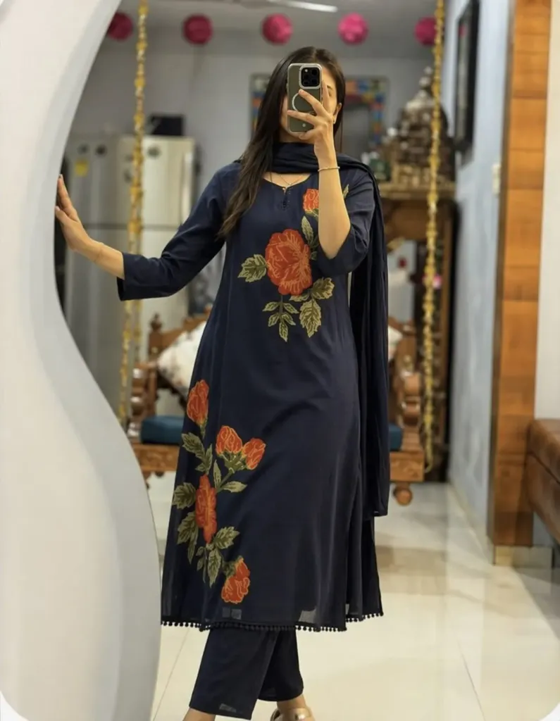 Premium Jaipur Cotton 6060 Straight Fit Kurti, Tailored Trousers, and Coordinated Dupatta 3-Piece Festive Set with Elegant Rose Embroidery Work (M)