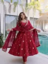 Premium Crunchy Silk Fully Flared Gown with Sequins Embroidery, Coordinated Trousers, and Lace Border Dupatta 3-Piece Festive Set