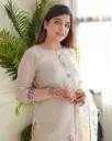 Premium Linen Printed Kurti, Tailored Bottom Trousers, and Coordinated Dupatta 3-Piece Luxury Festive Set with Intricate Full Work Detailing