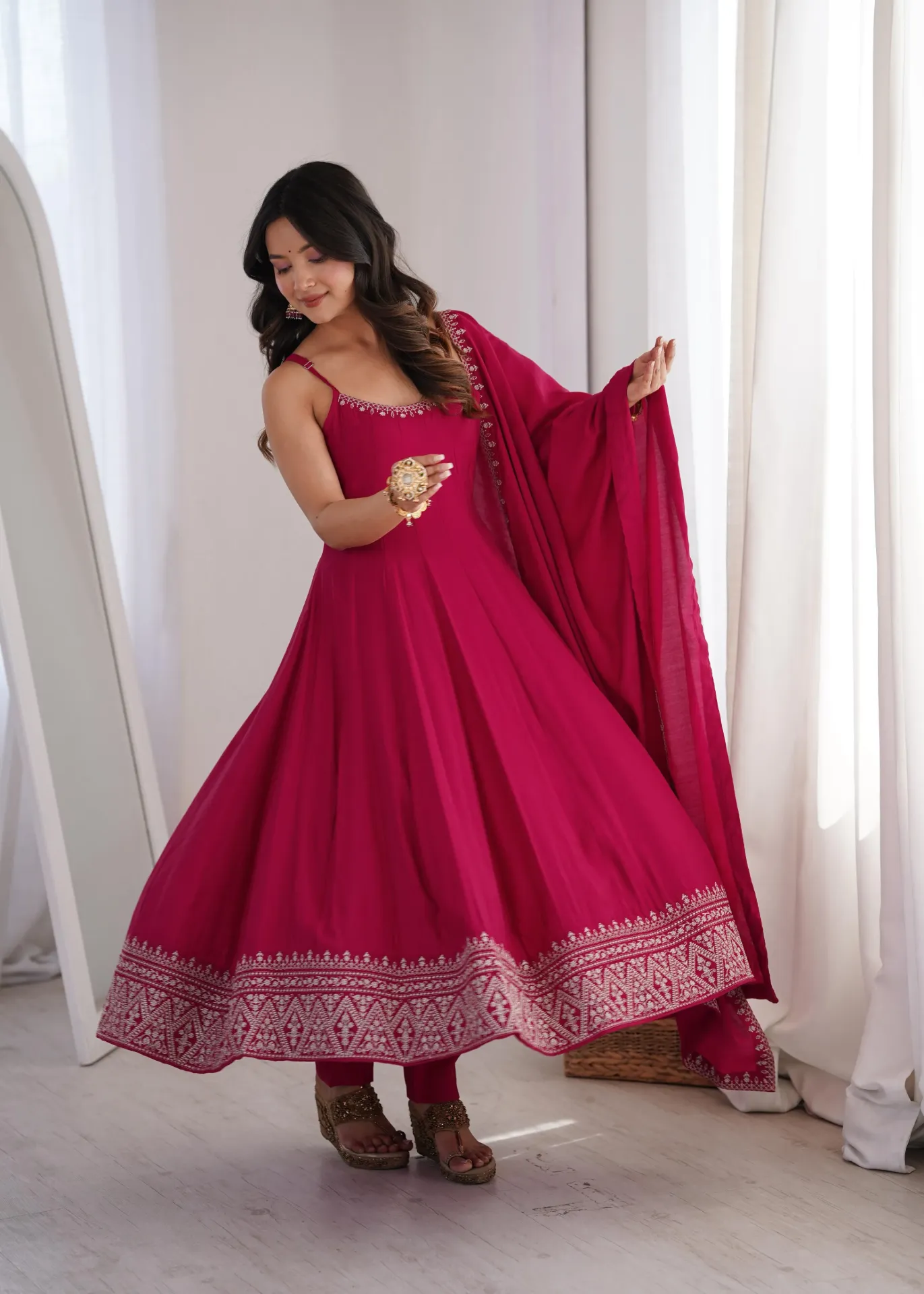 Premium Quality Pure Roman Silk Chanderi Sleeveless Anarkali Gown, Fully Stitched Trousers, and Lace-Border Shawl Dupatta 3-Piece Festive Luxury Set (S)