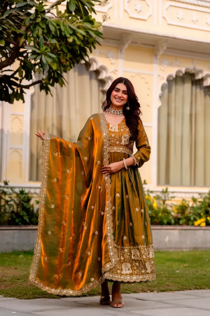 Premium Dual Tone Fendy Satin Fully Flared Gown with Heavy Embroidery, Micro Cotton Lining, and Coordinated Dupatta 2-Piece Luxury Wardrobe Set (L, Rust)